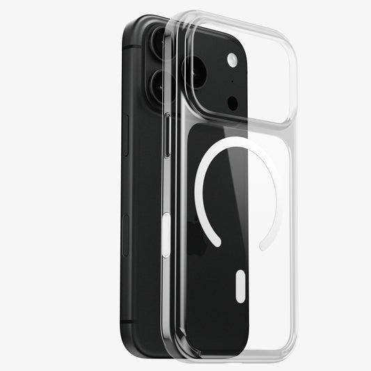 Coque DANA transparente avec MagSafe pour iPhone 18 Pro et Pro Max, vue éclatée avec un téléphone noir