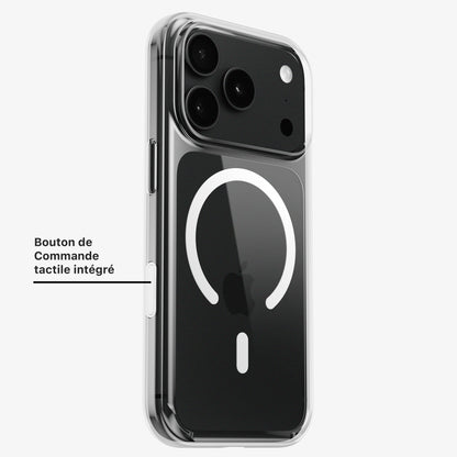 Coque DANA MagSafe pour iPhone 18 Pro et Pro Max, vue du bouton de commande tactile intégré sur un téléphone noir