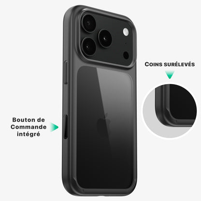 Coque ONE bumper pour iPhone 18 Pro et Pro Max, détails du bouton de commande intégré et des coins surélevés