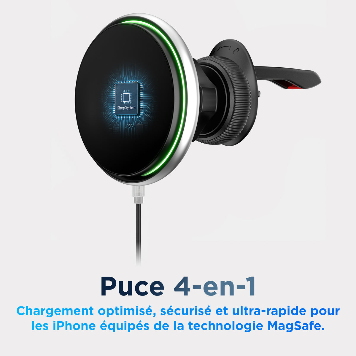 Face avant du pad MagSafe 15 W avec anneau LED vert actif – surface magnétique