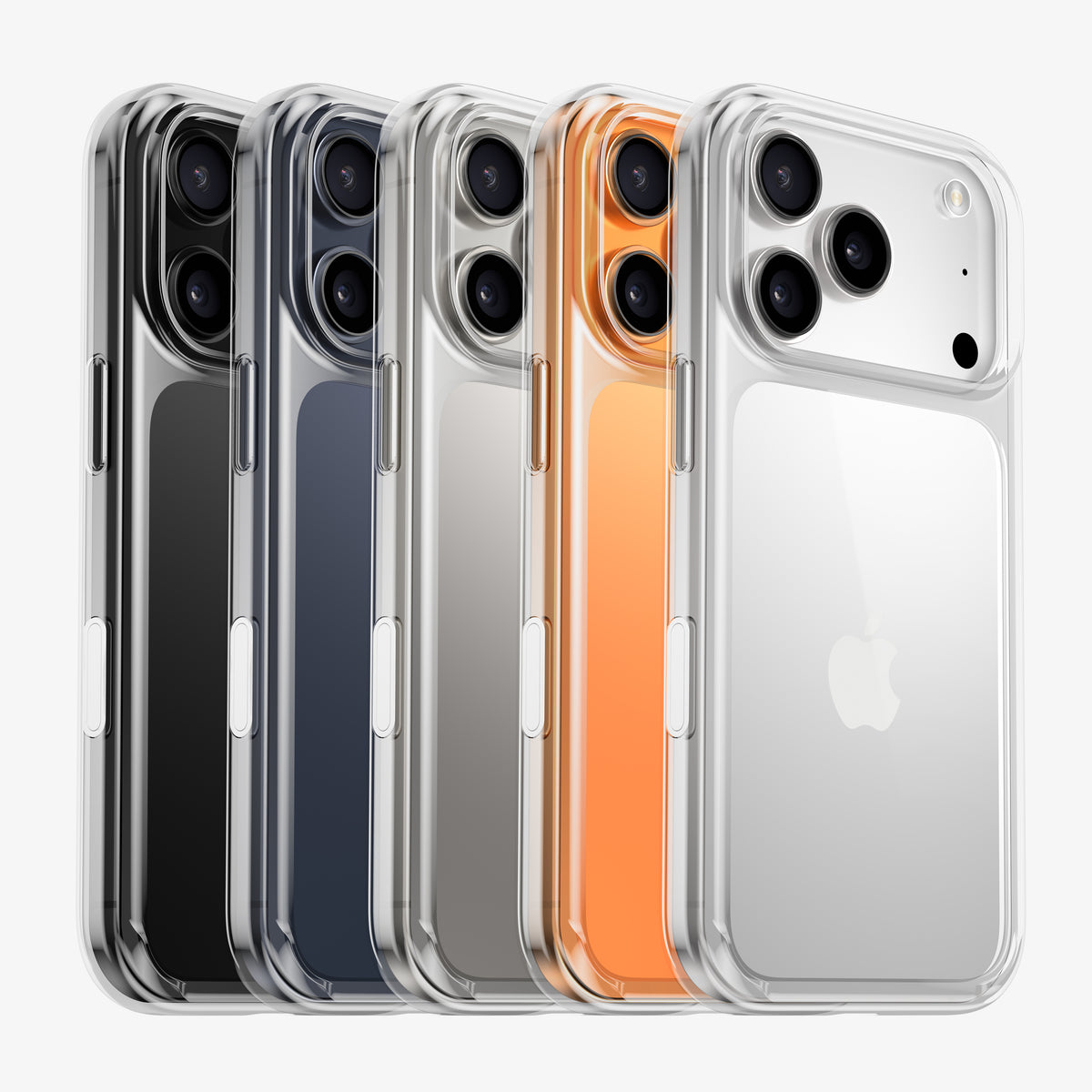 Cinq téléphones de coloris différents en coque DANA antichoc transparente, alignés en cascade