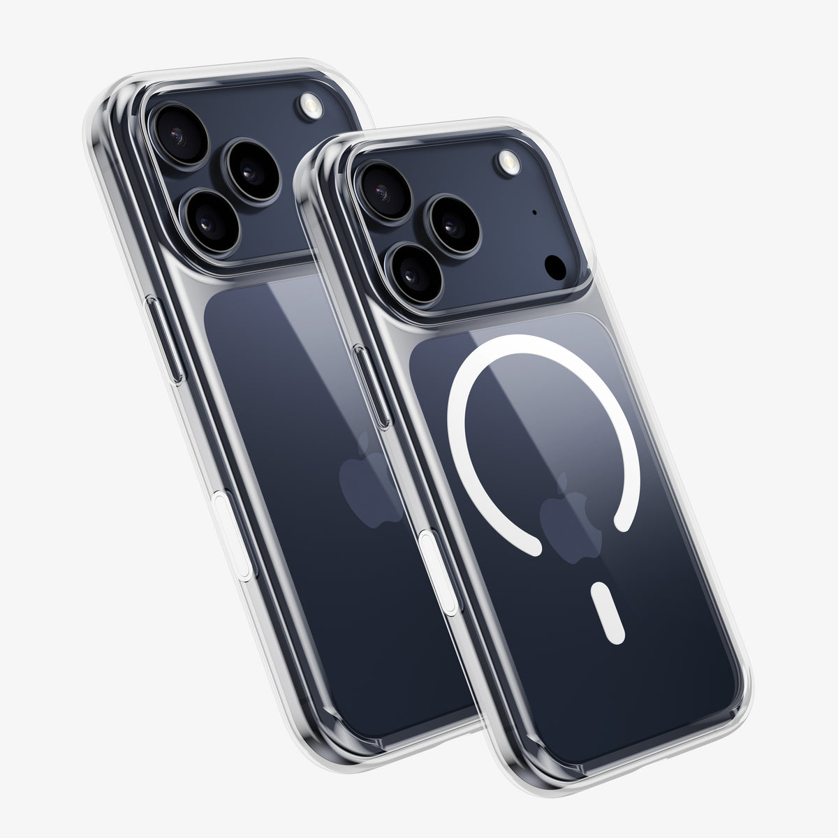 Deux téléphones bleus en coque DANA vus de dos, anneau MagSafe apparent