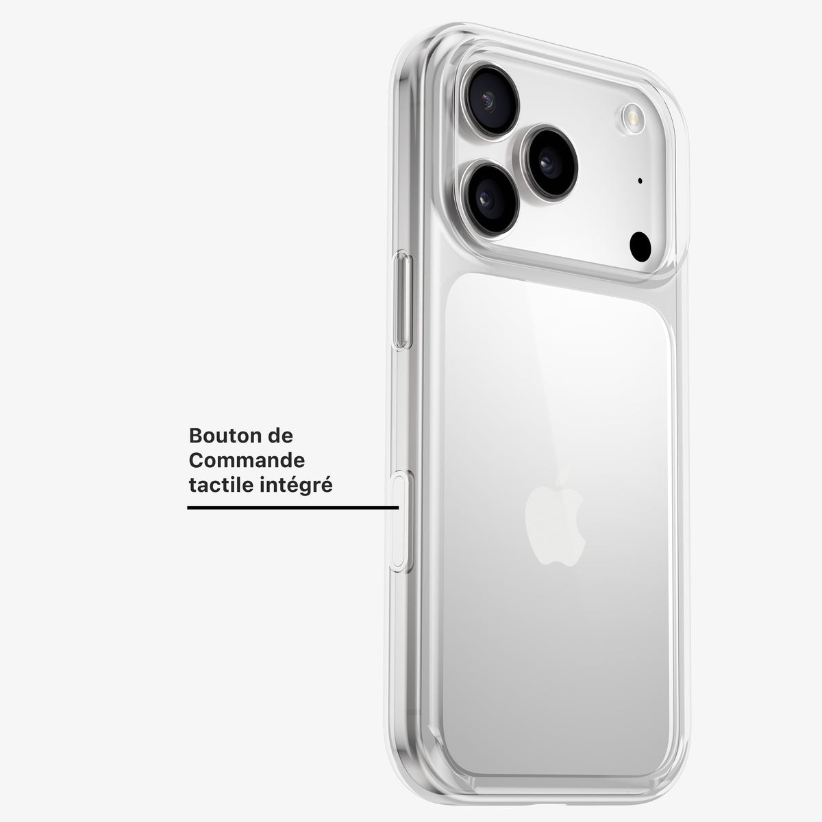 Coque DANA vue de dos, légende indiquant le bouton de commande tactile intégré