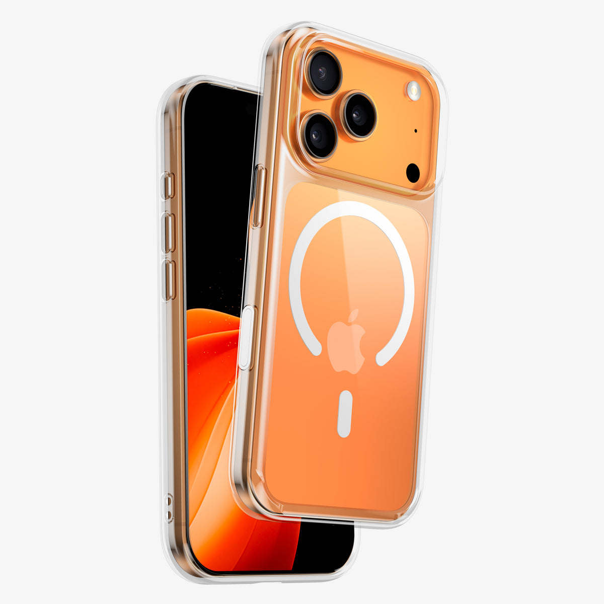 Téléphone orange en coque DANA, vues de face et de dos, anneau MagSafe visible