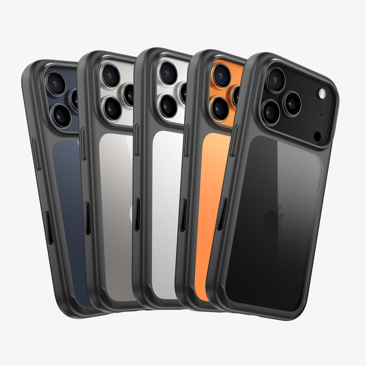 Cinq téléphones de coloris différents en coque ONE à contour noir, alignés en cascade
