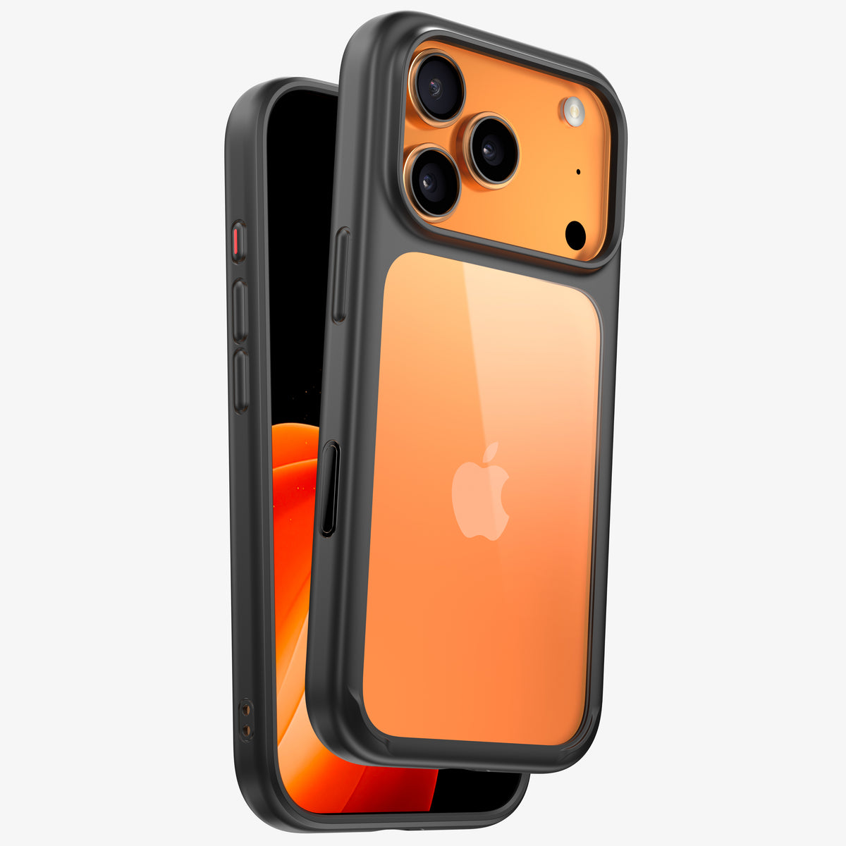 Téléphone orange en coque ONE, vues de face et de dos, écran allumé