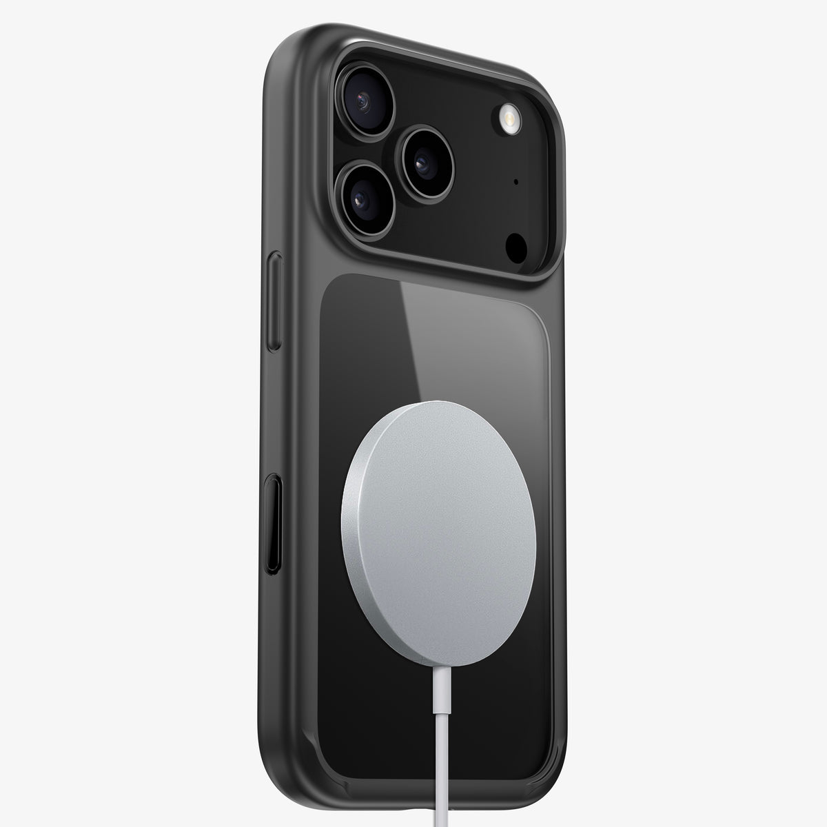 Chargeur sans fil circulaire aimanté sur le dos d'un téléphone en coque ONE noire