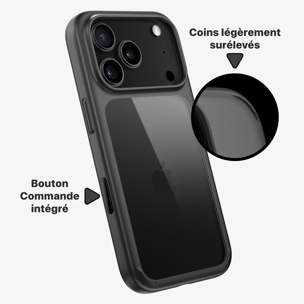 Coque ONE vue de dos, légendes indiquant les coins surélevés et le bouton de commande intégré