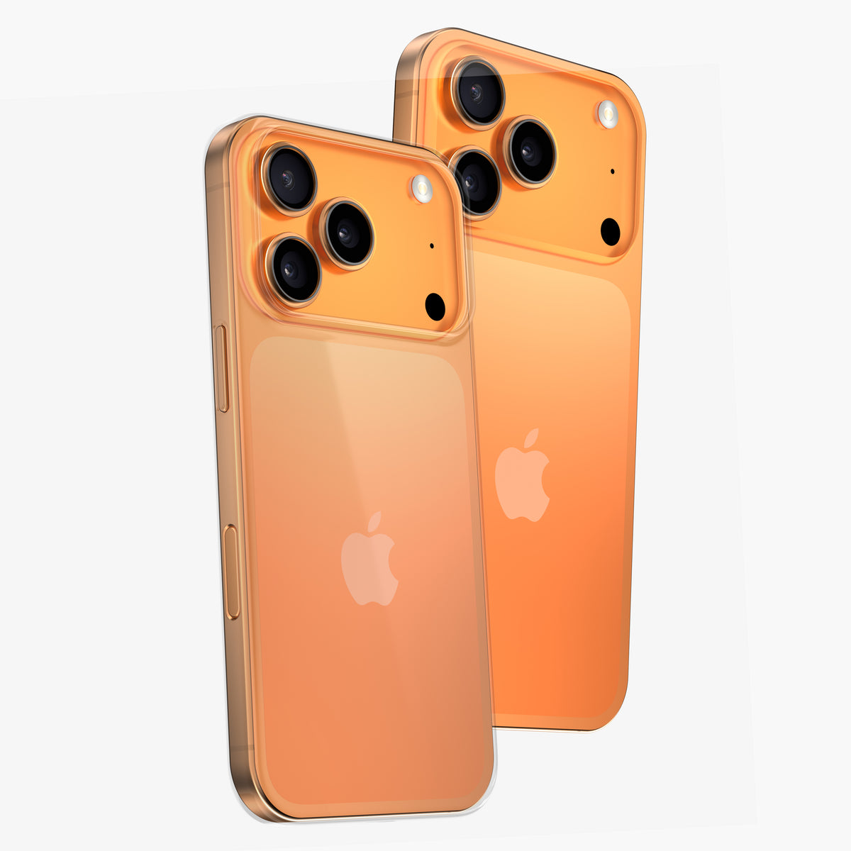 Deux téléphones orange en coque PHANTOM transparente, vus de dos et de trois quarts