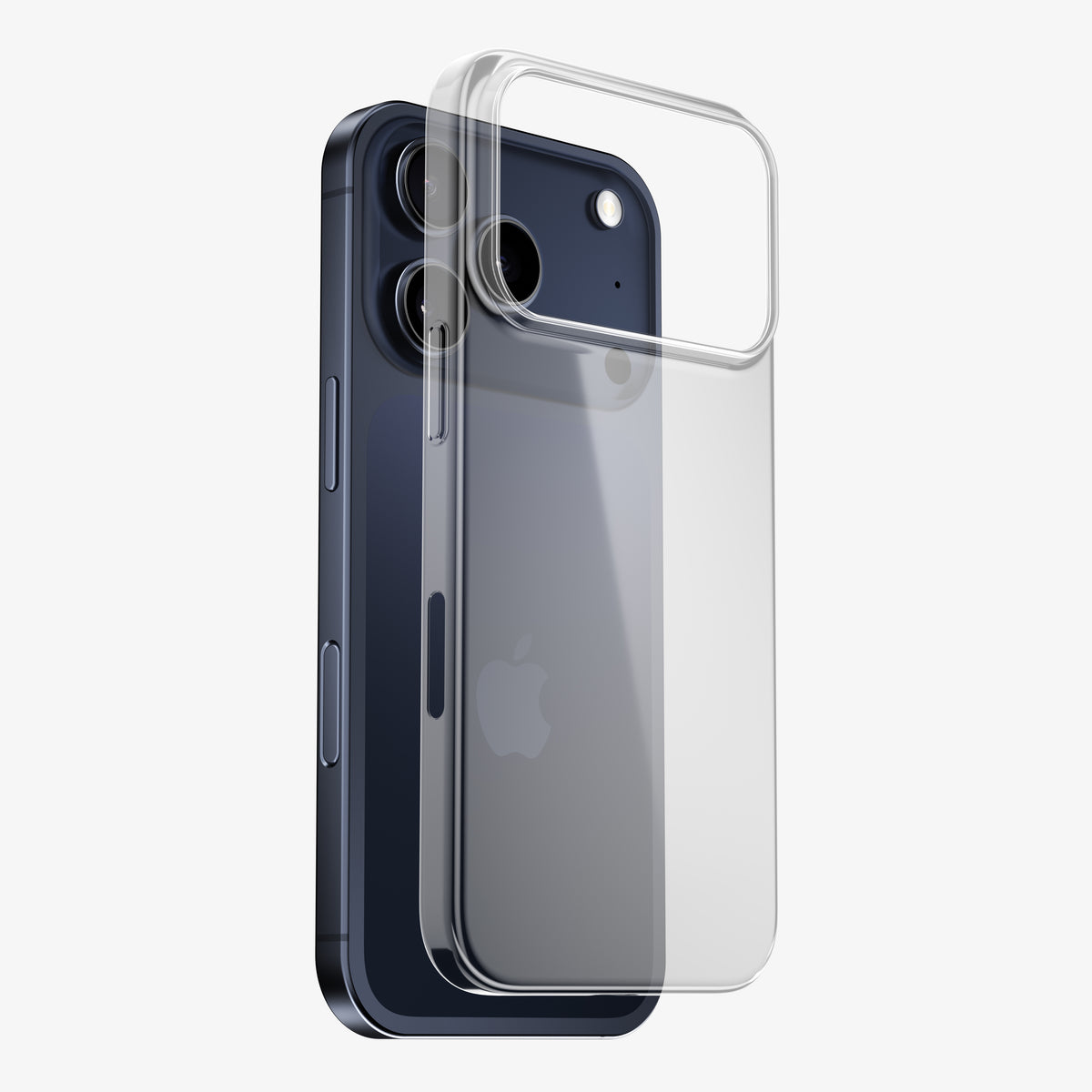Coque PHANTOM transparente soulevée au-dessus d'un téléphone bleu, prête à être posée