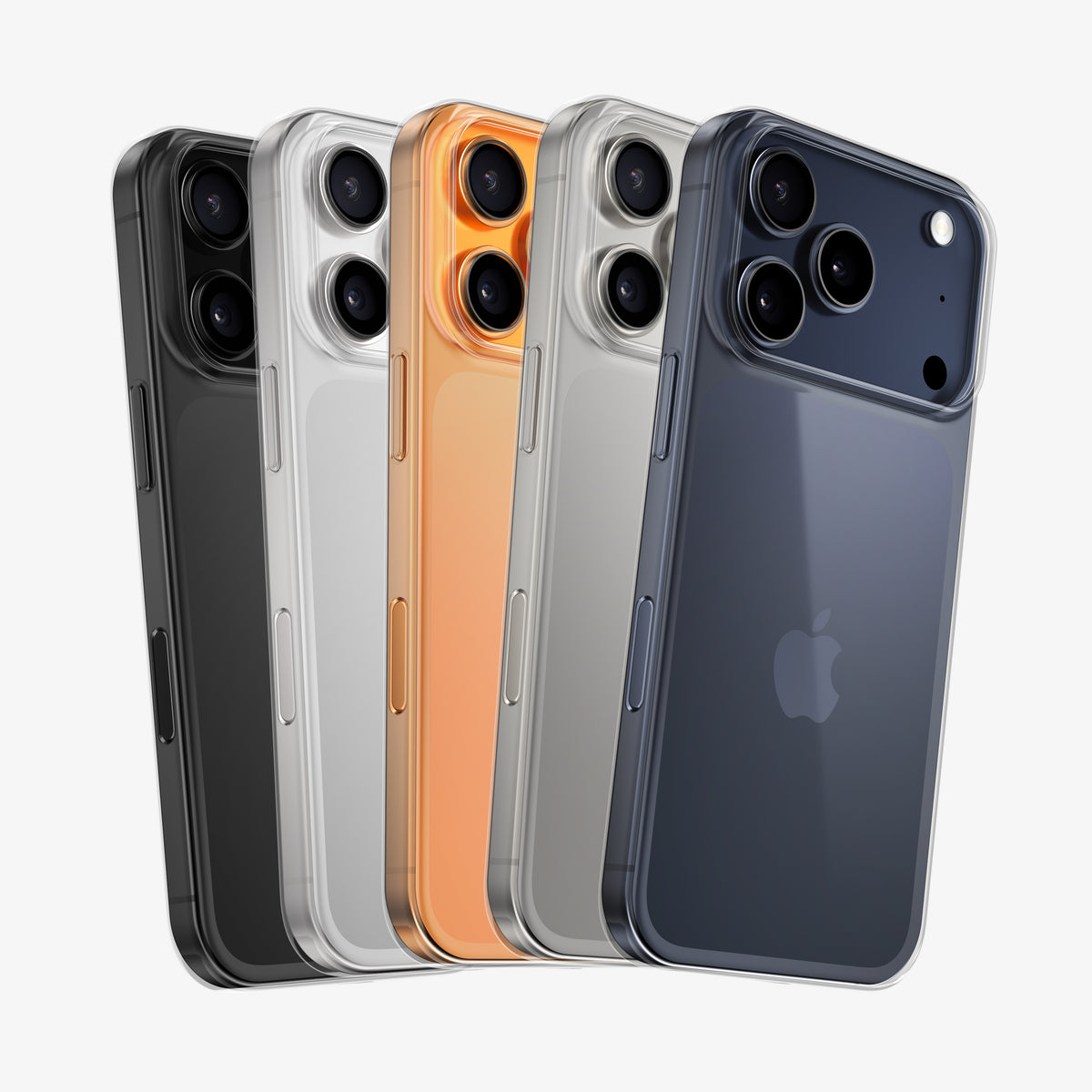 Cinq téléphones de coloris différents portant la coque PHANTOM transparente, alignés en cascade