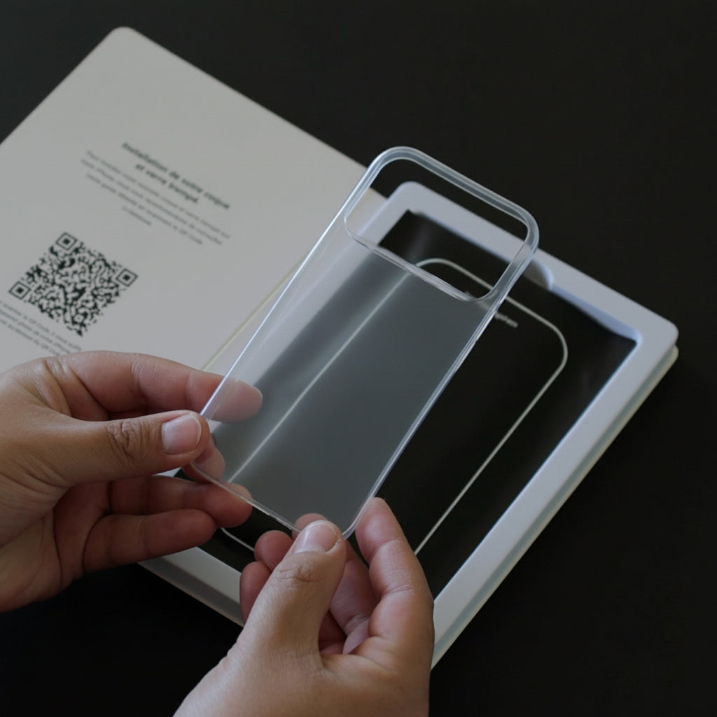 Mains sortant la coque PHANTOM transparente de son emballage ouvert, notice et QR code visibles