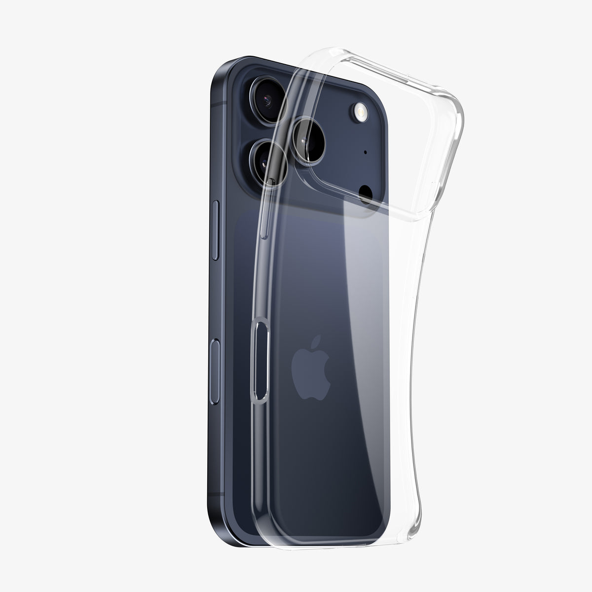Coque INVISIBLE souple soulevée au-dessus d'un téléphone bleu, laissant voir sa flexibilité