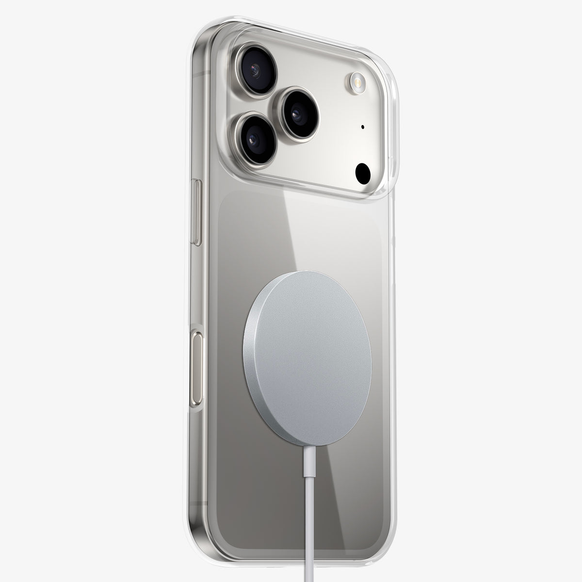 Chargeur sans fil circulaire posé sur le dos d'un téléphone en coque INVISIBLE transparente