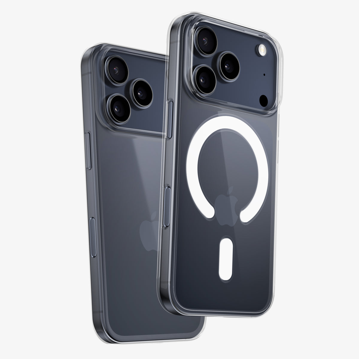 Deux téléphones gris côte à côte, l'un nu, l'autre en coque PHANTOM S dont l'anneau MagSafe est visible