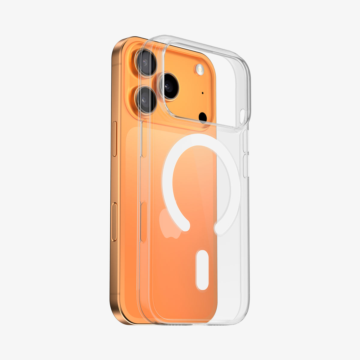 Coque PHANTOM S transparente à anneau MagSafe soulevée au-dessus d'un téléphone orange