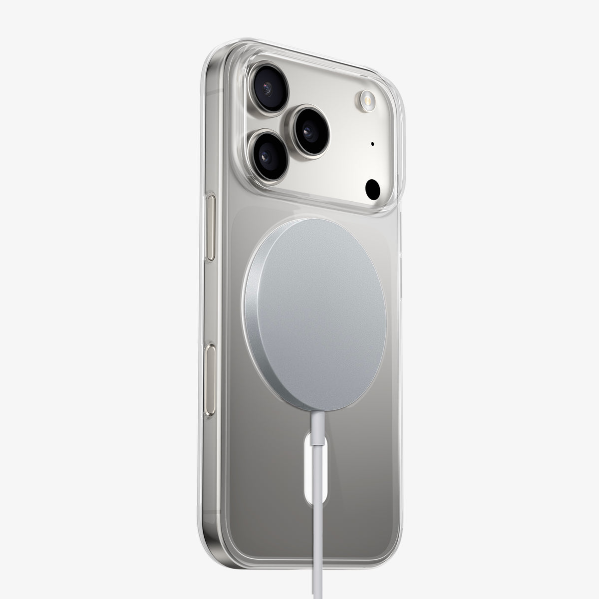 Chargeur sans fil circulaire aimanté sur le dos d'un téléphone en coque PHANTOM S
