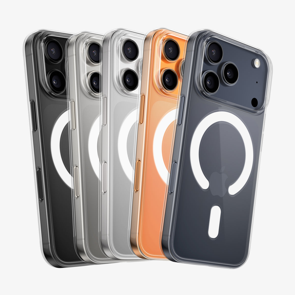 Cinq téléphones de coloris différents en coque PHANTOM S alignés en cascade, anneau MagSafe visible