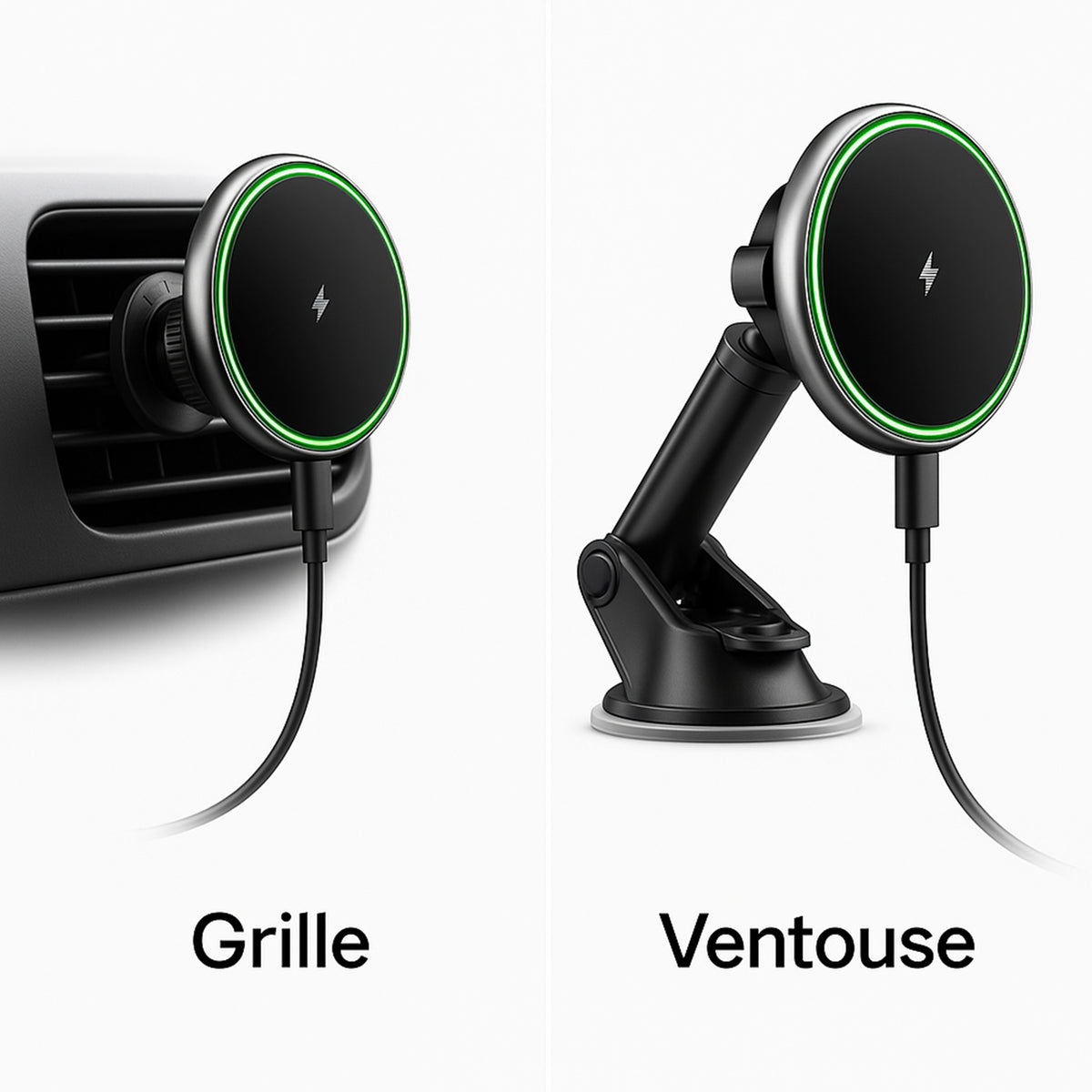Montage double : support grille et support pare‑brise ventouse du chargeur MagSafe