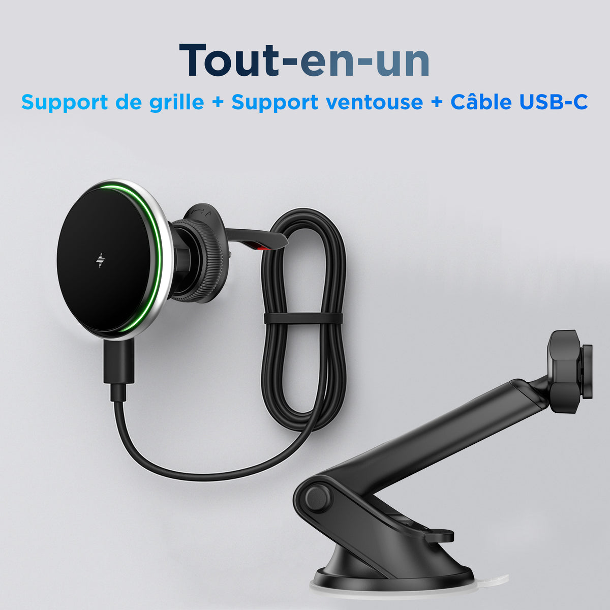 Pack complet : tête MagSafe, bras ventouse, clip grille et câble USB‑C sur fond épuré