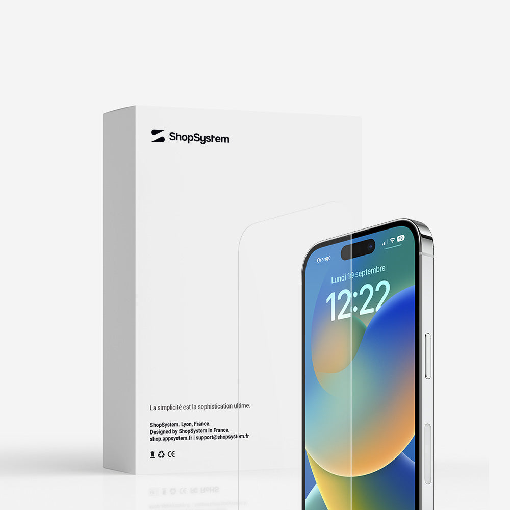 Emballage marque ShopSystem protection d'écran 2.5D en verre trempé pour iPhone 14, 14 Plus, 14 Pro et 14 Pro Max