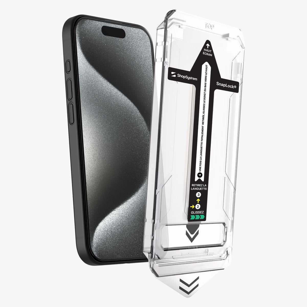 Téléphone et applicateur SnapLock® côte à côte, languette et flèches d'alignement visibles