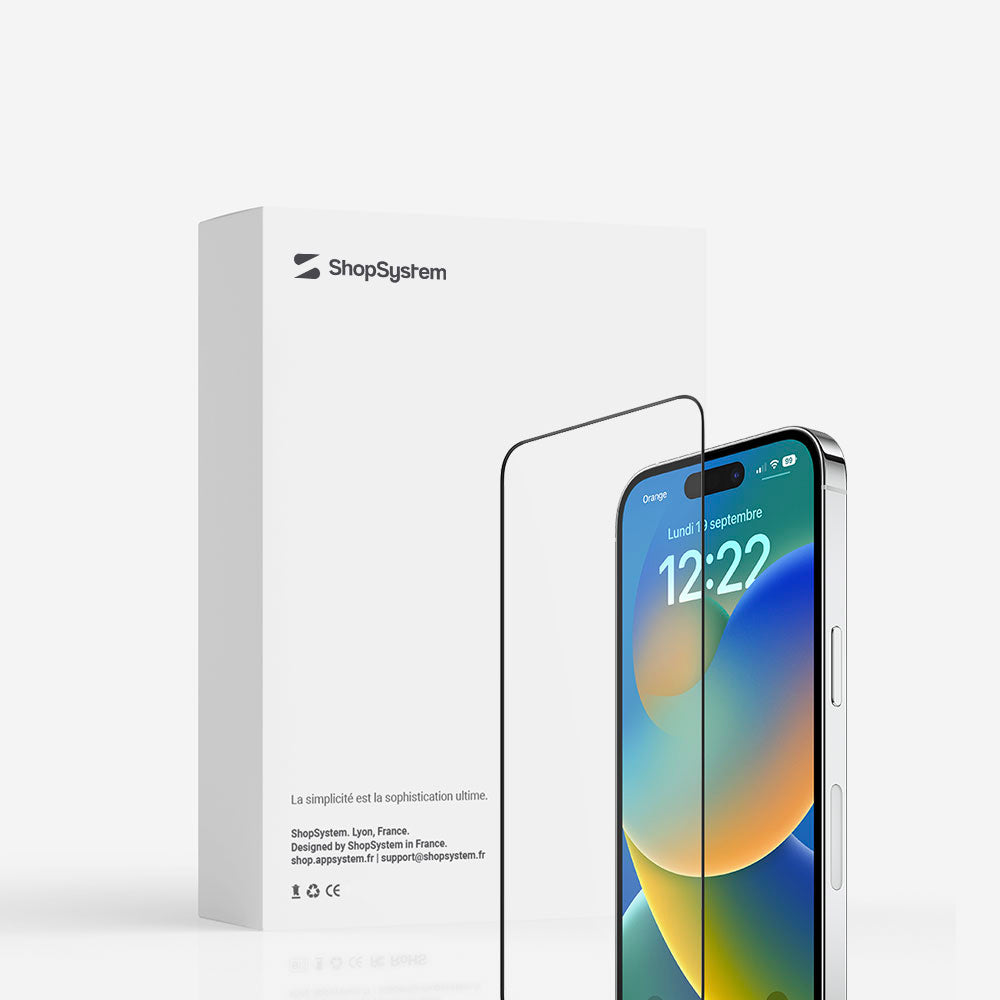 Emballage marque ShopSystem protection d'écran 3D en verre trempé pour iPhone 14, 14 Plus, 14 Pro, 14 Pro Max