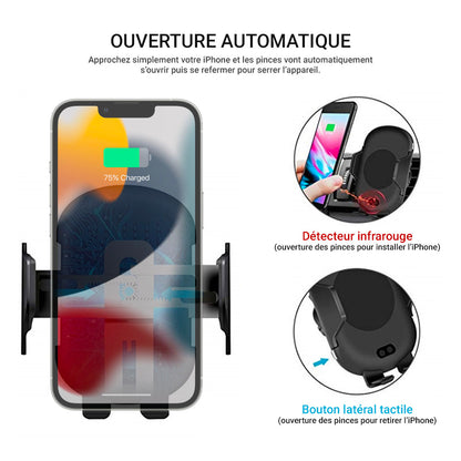 Support et chargeur iPhone à induction pour voiture avec ouverture et fermeture automatique des grilles